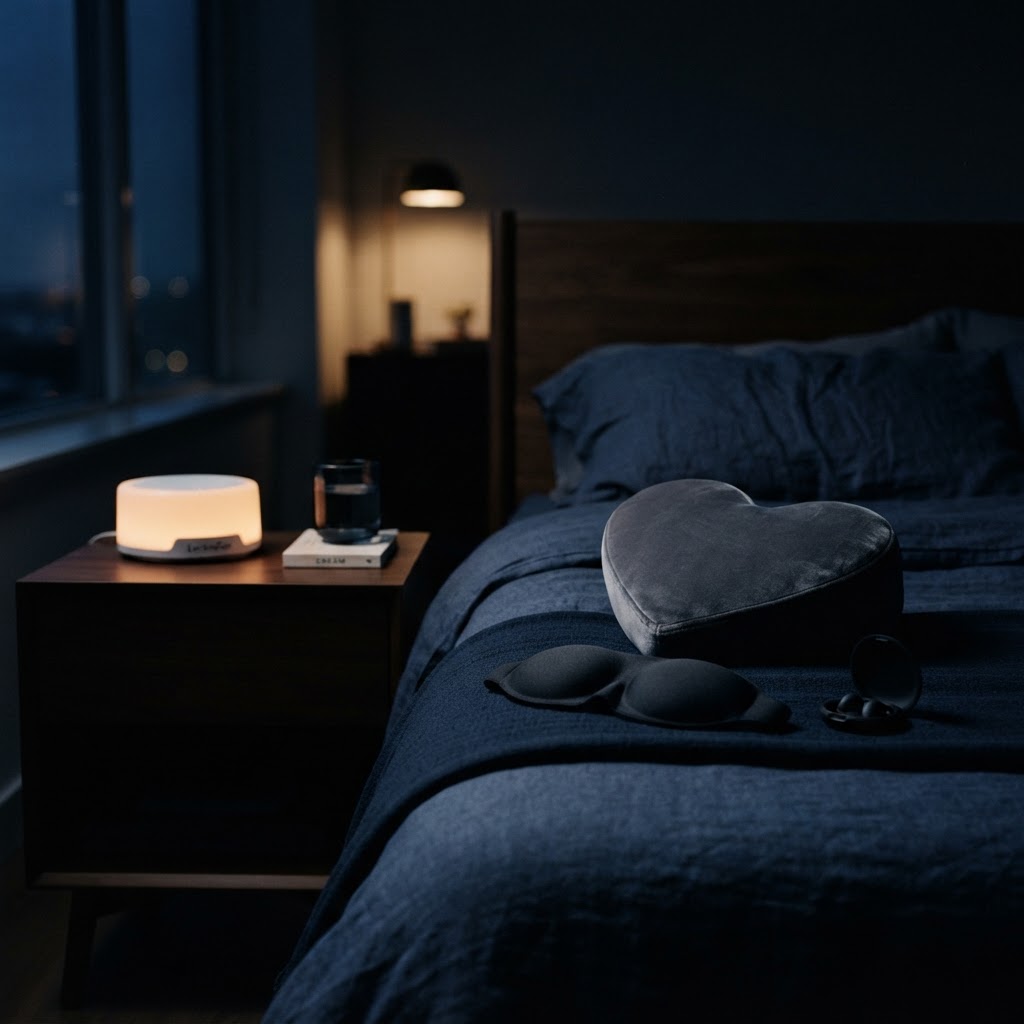 A calm nightstand at night with the Marvale sleep essentials
