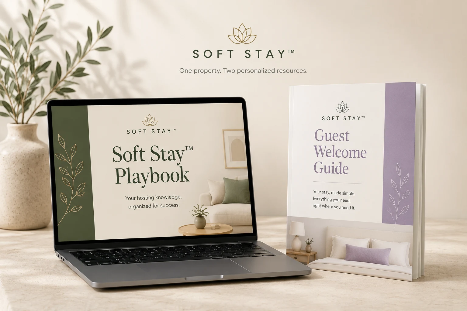 Soft Stay Playbook displayed on a laptop beside the personalized Guest Welcome Guide.