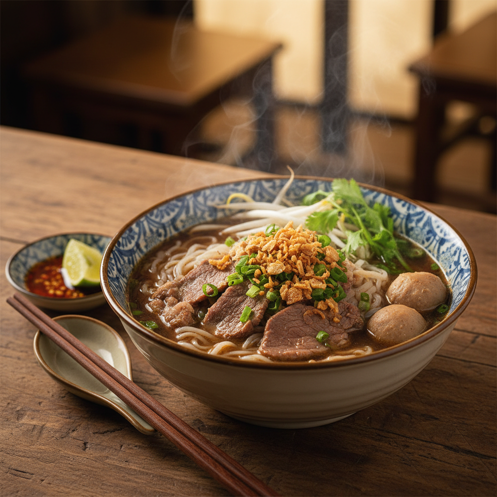 Boat noodle soup with meatball