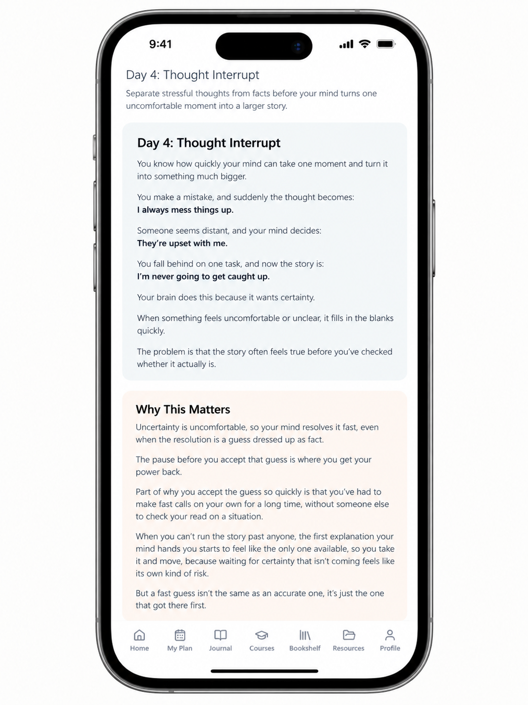 Soloship Foundation course lesson showing Day 4: Thought Interrupt