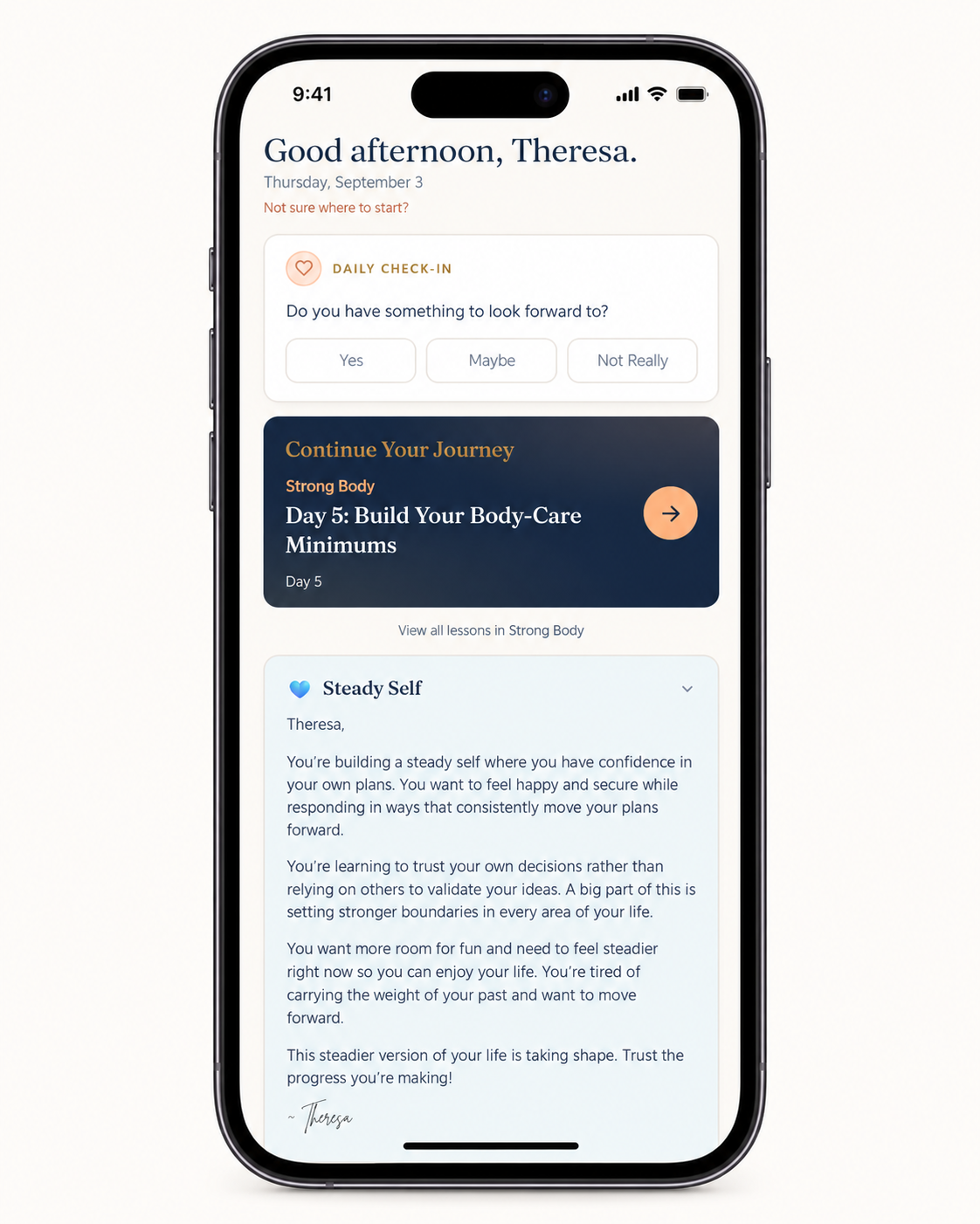 Soloship app home screen showing daily check-in, current course, and personalized guidance