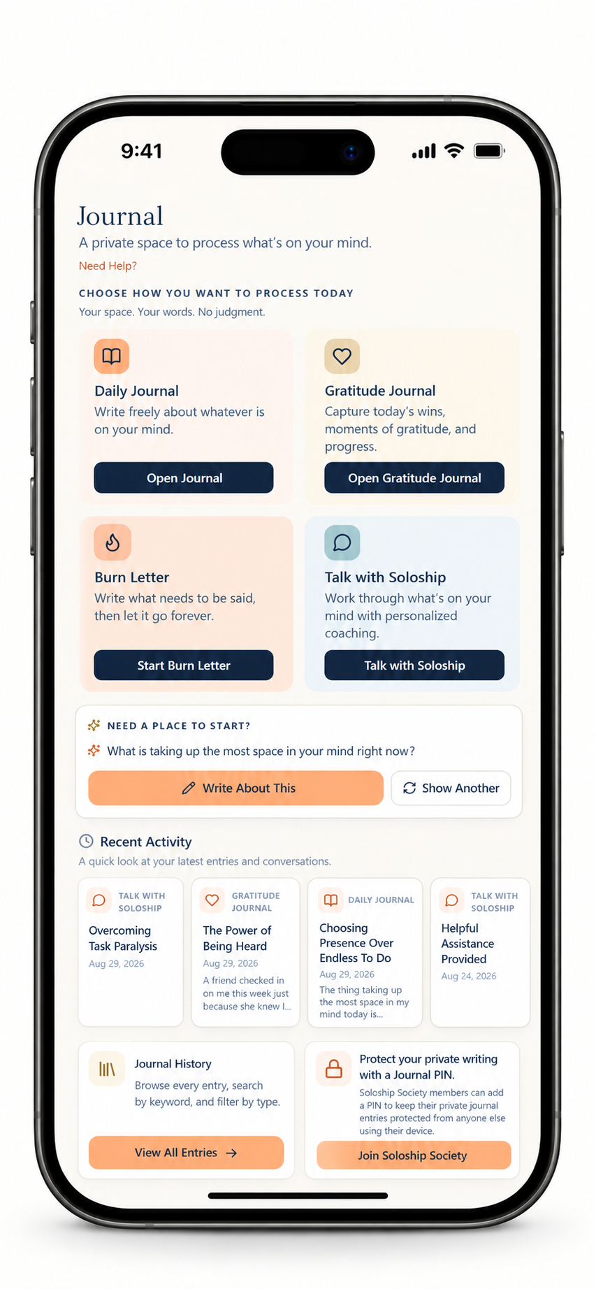 Soloship Journal home screen showing journaling options and recent activity
