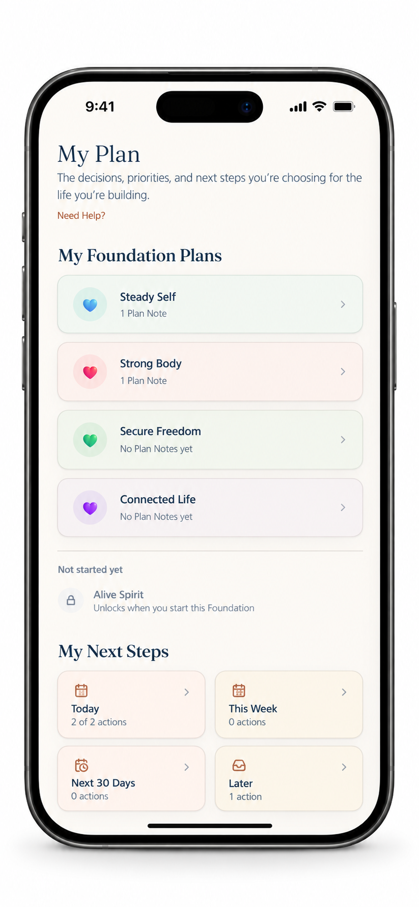 Soloship My Plan screen showing Foundation plans and next steps
