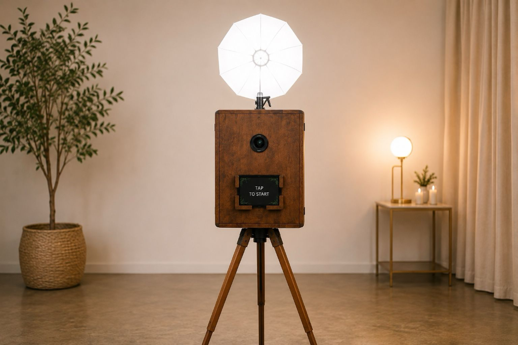 The justaglimpse photobooth — vintage wooden enclosure with DSLR camera