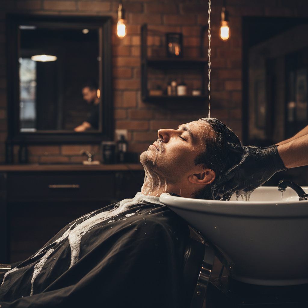 Shampoo & Wash - macro texture photograph representing this barbering service