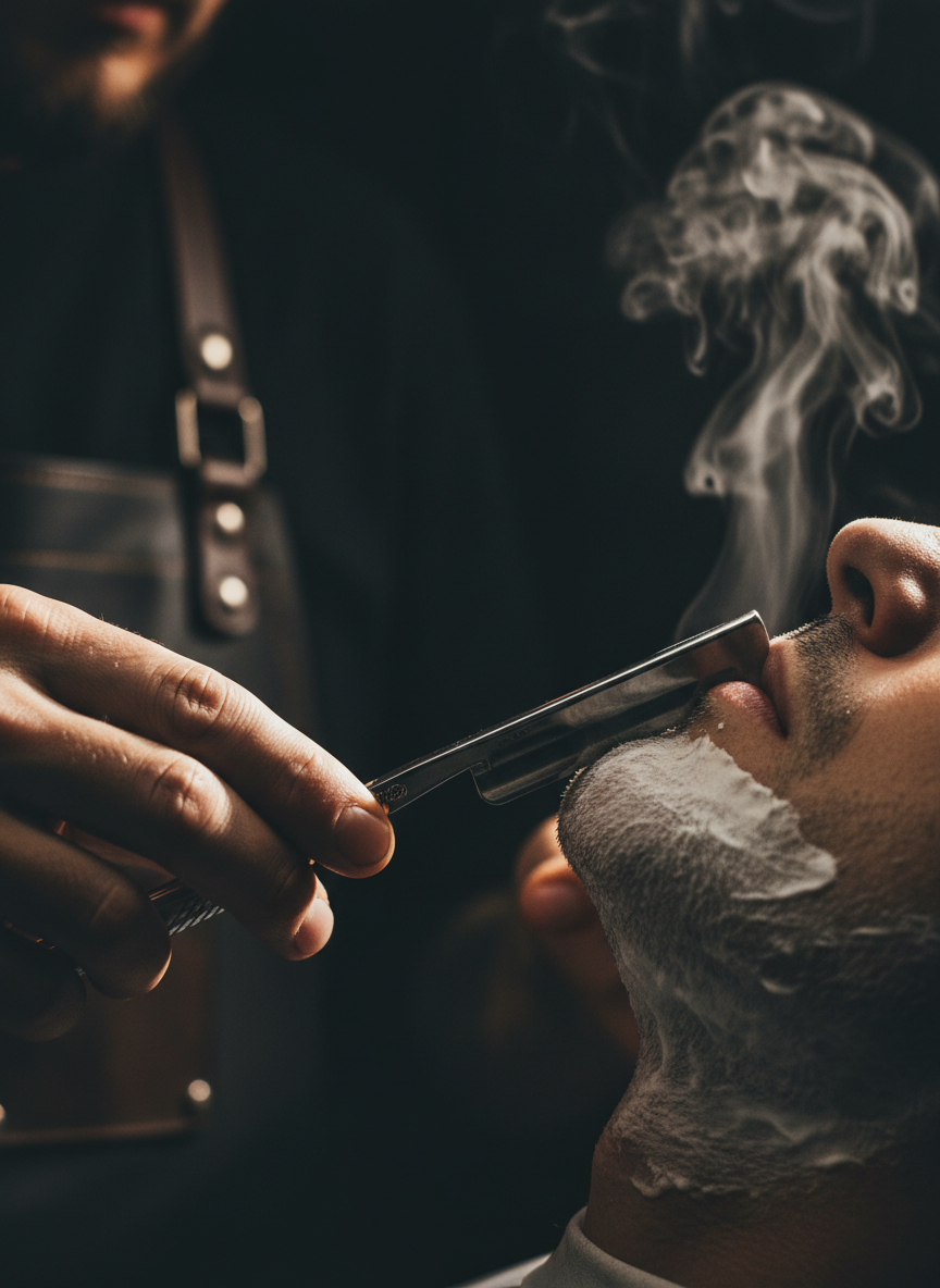 Close-up of barber Micky's hands holding a straight razor performing a precise shave