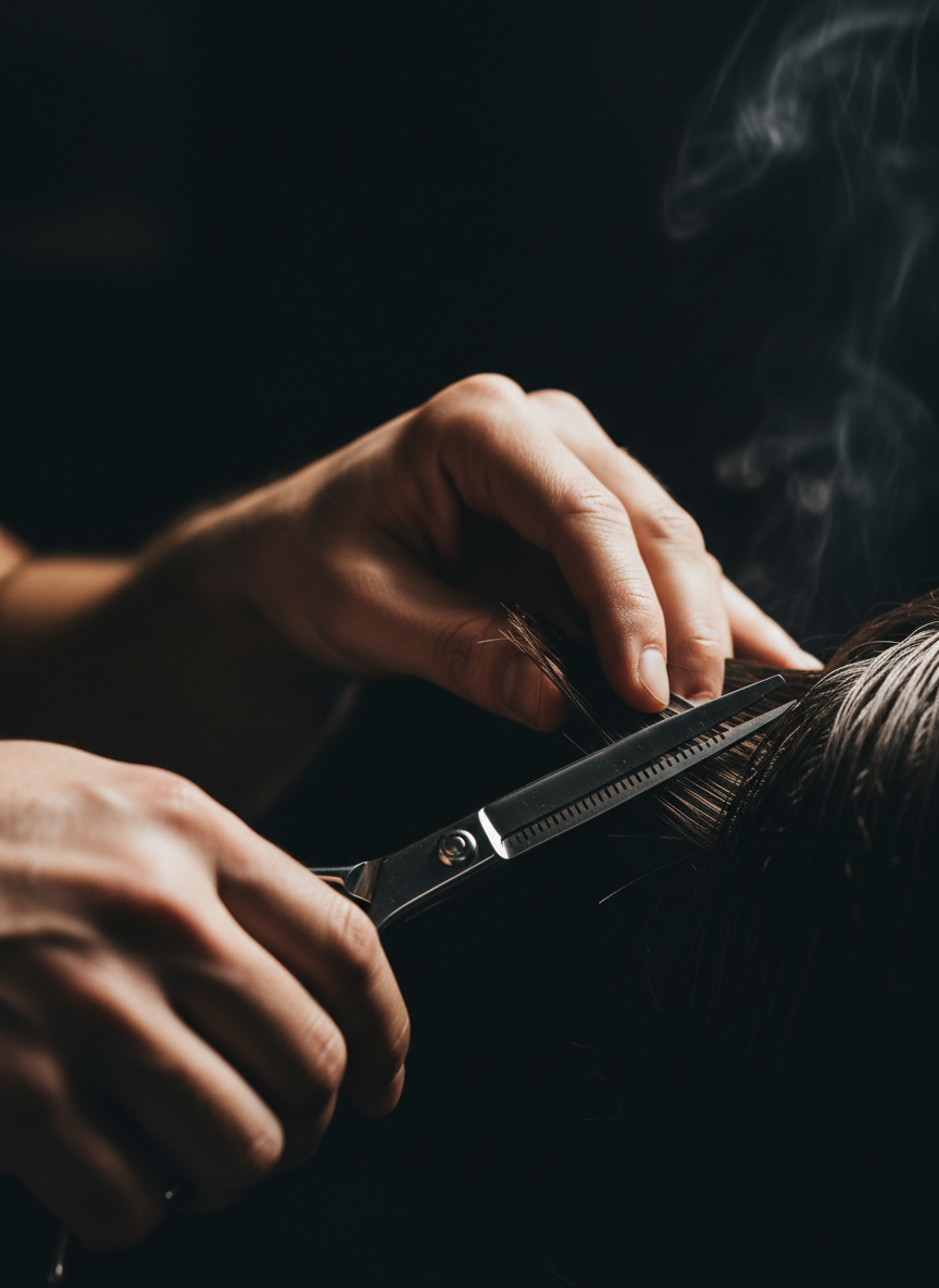 Close-up of barber Hari's hands precisely cutting hair with professional shears