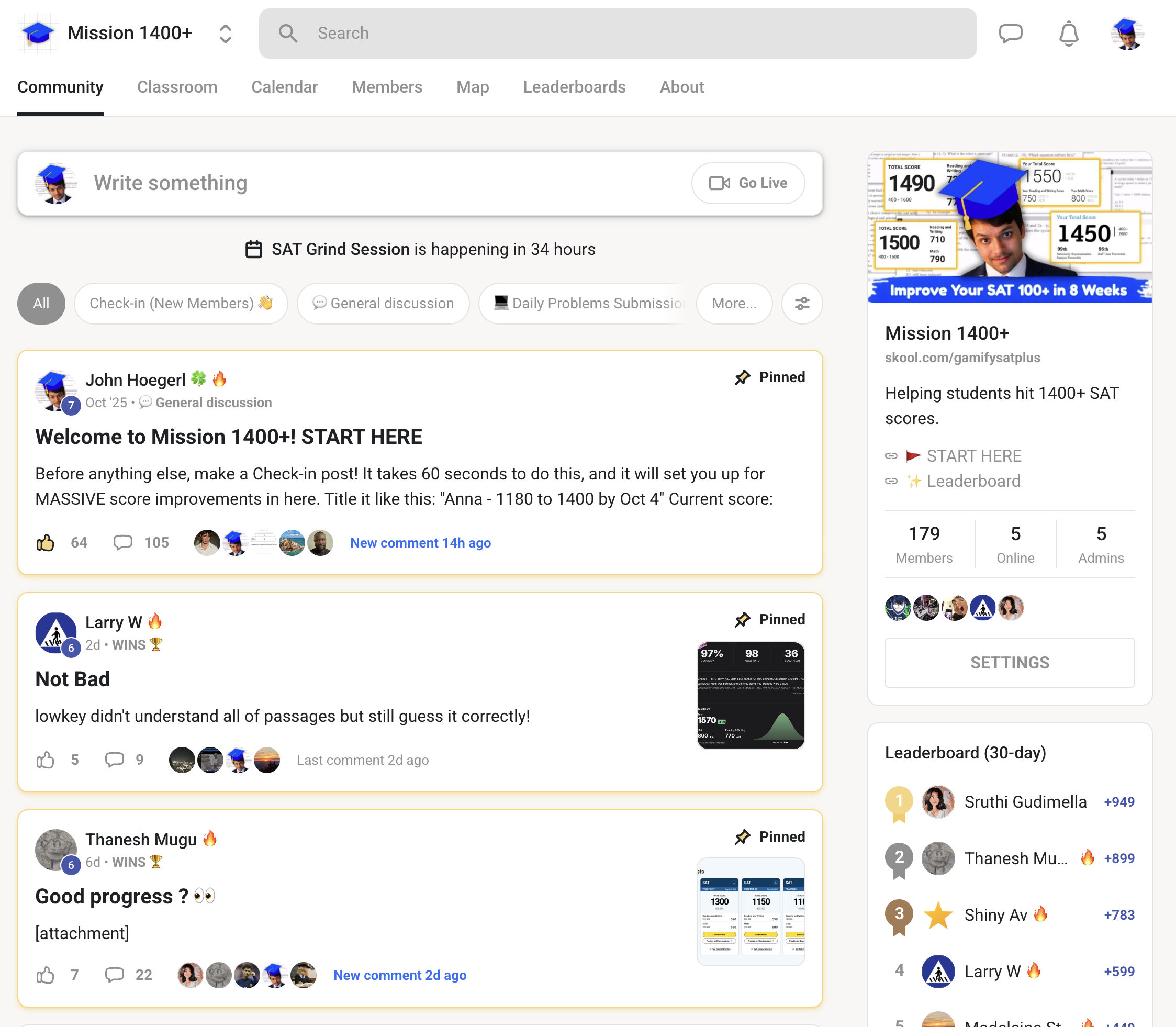 Mission 1400+ community on Skool with leaderboard and student posts