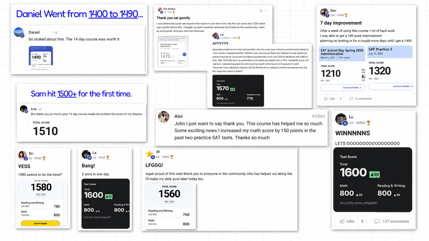 Student SAT score testimonials and community posts