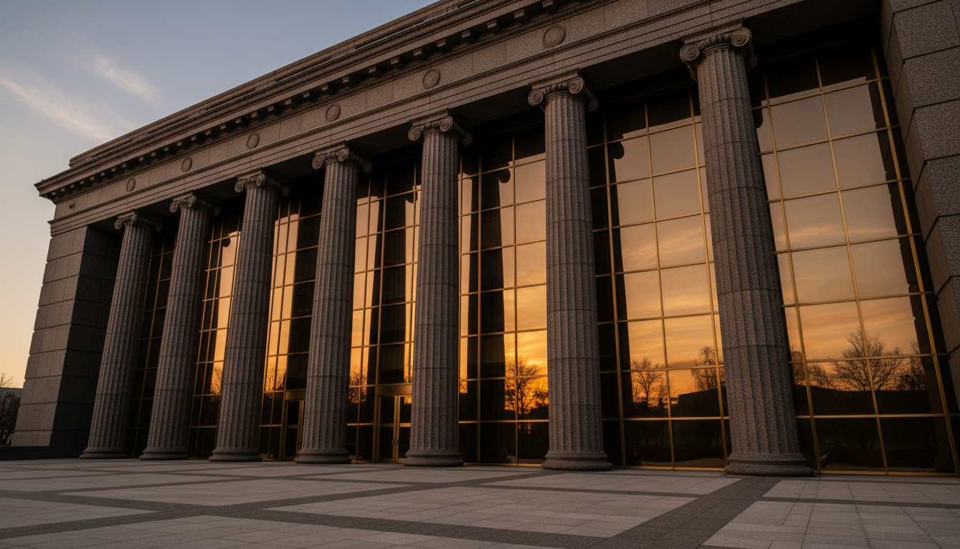 Institutional architecture with stone pillars and glass facades