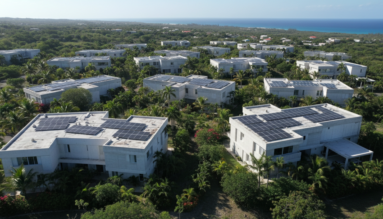 Vista aérea de comunidad residencial en Puerto Rico con múltiples hogares equipados con paneles solares