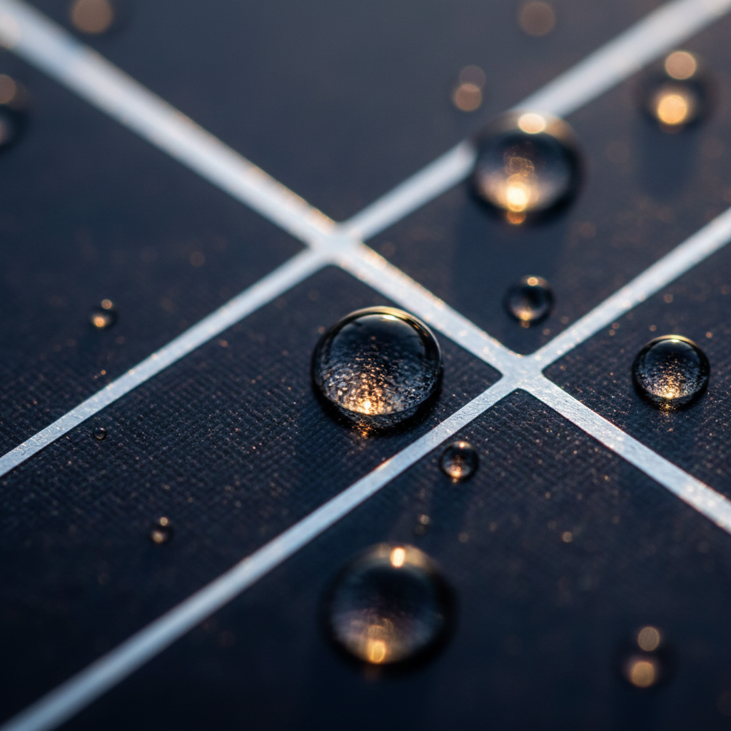 Macro de celda solar monocristalina mostrando la estructura cristalina de silicio con gotas de lluvia