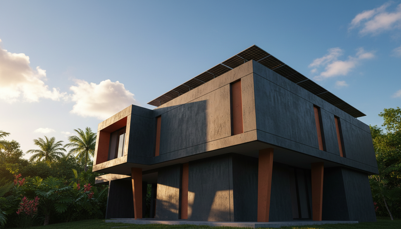 Casa moderna en Puerto Rico con paneles solares monocristalinos al amanecer, cielo dorado tropical