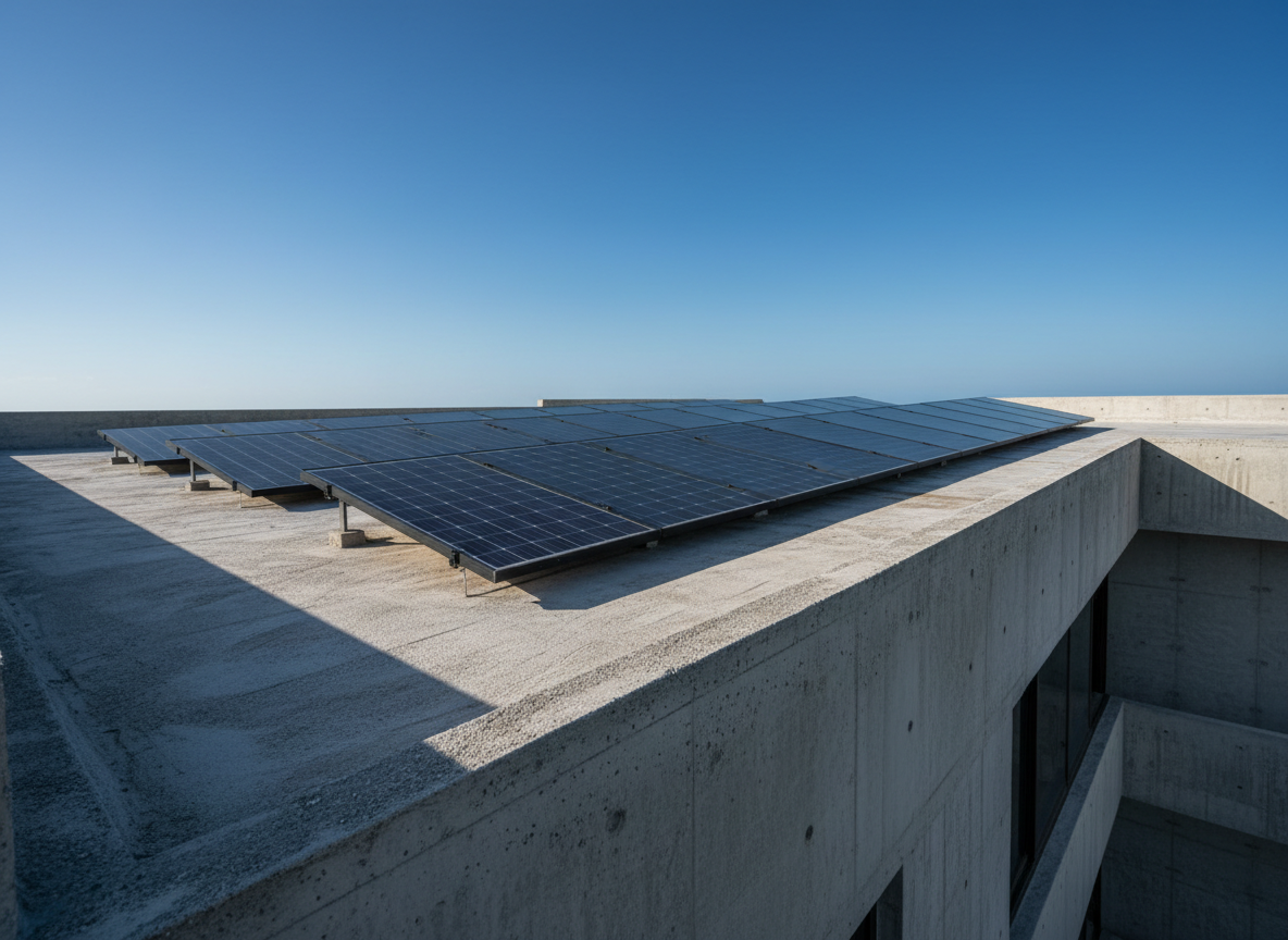 Paneles solares premium instalados en techo de casa moderna en Puerto Rico con cielo azul