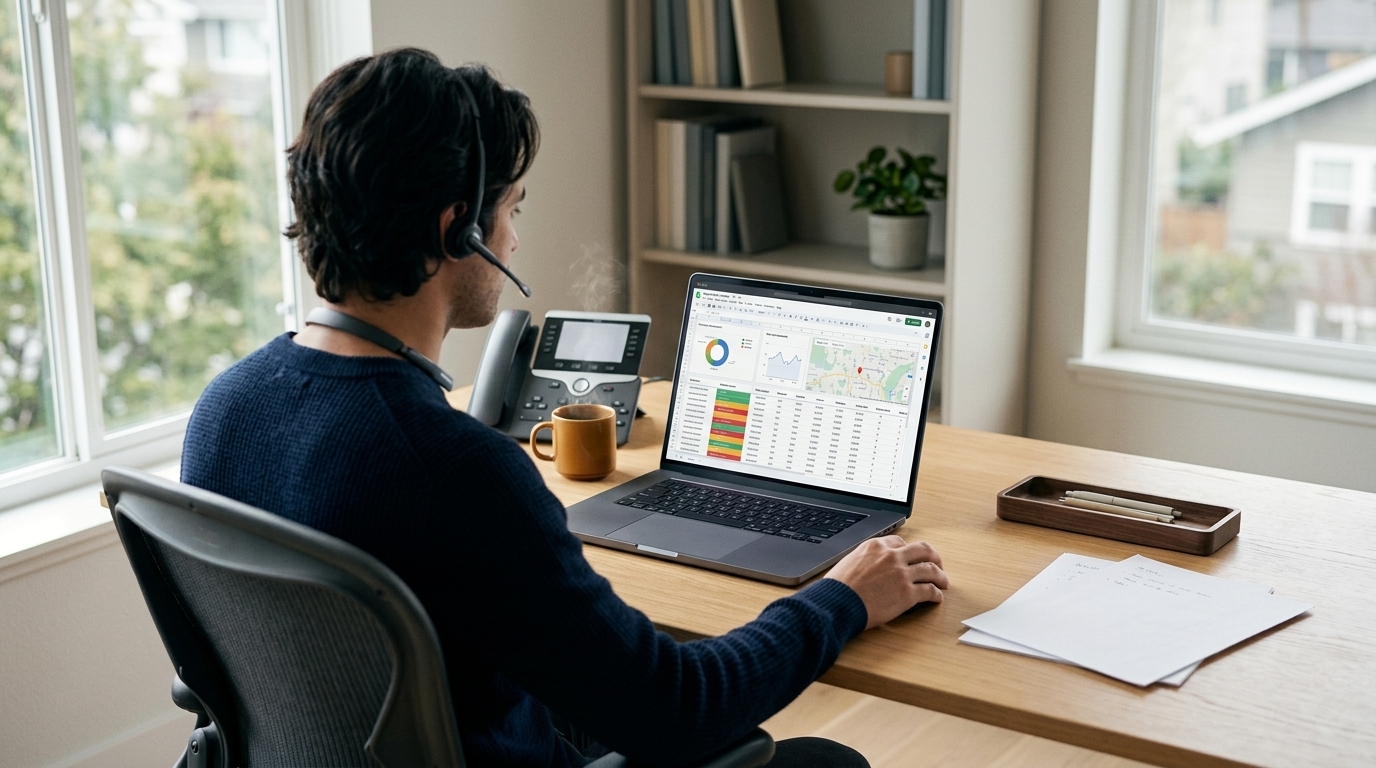Freight dispatcher managing loads and rate confirmations from a home office