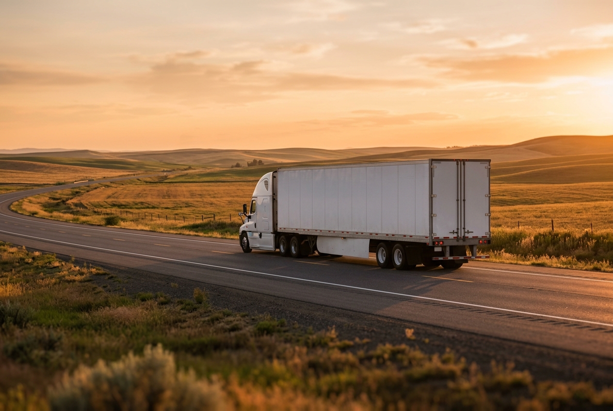 Semi-truck driving on an open highway at sunset, representing freight dispatching