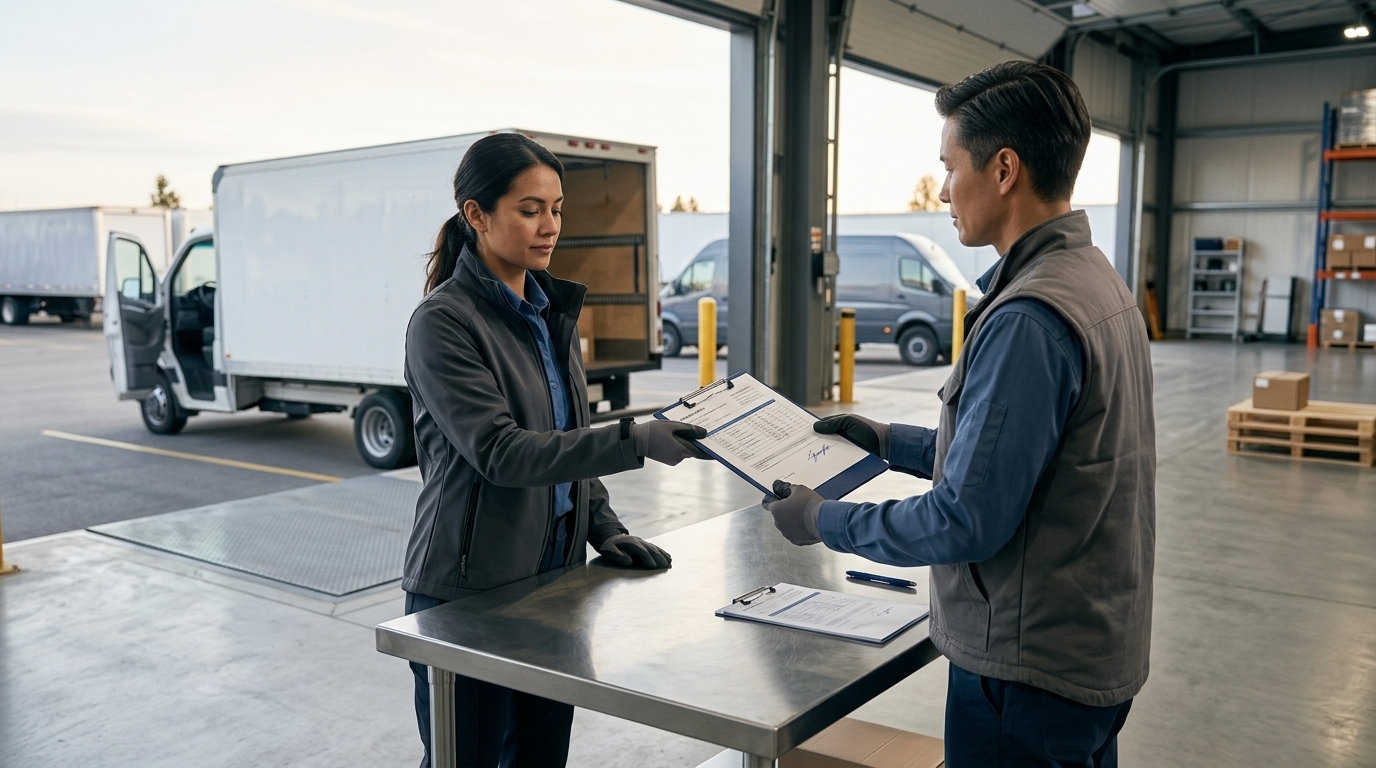 Carrier and receiver signing off on a proof of delivery at a warehouse loading dock