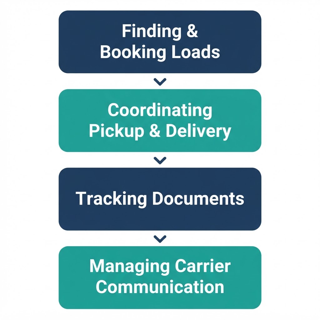Four-step vertical flow diagram showing the daily work of a cargo dispatcher: Finding & Booking Loads, Coordinating Pickup & Delivery, Tracking Documents, and Managing Carrier Communication, each in a colored card connected by downward arrows