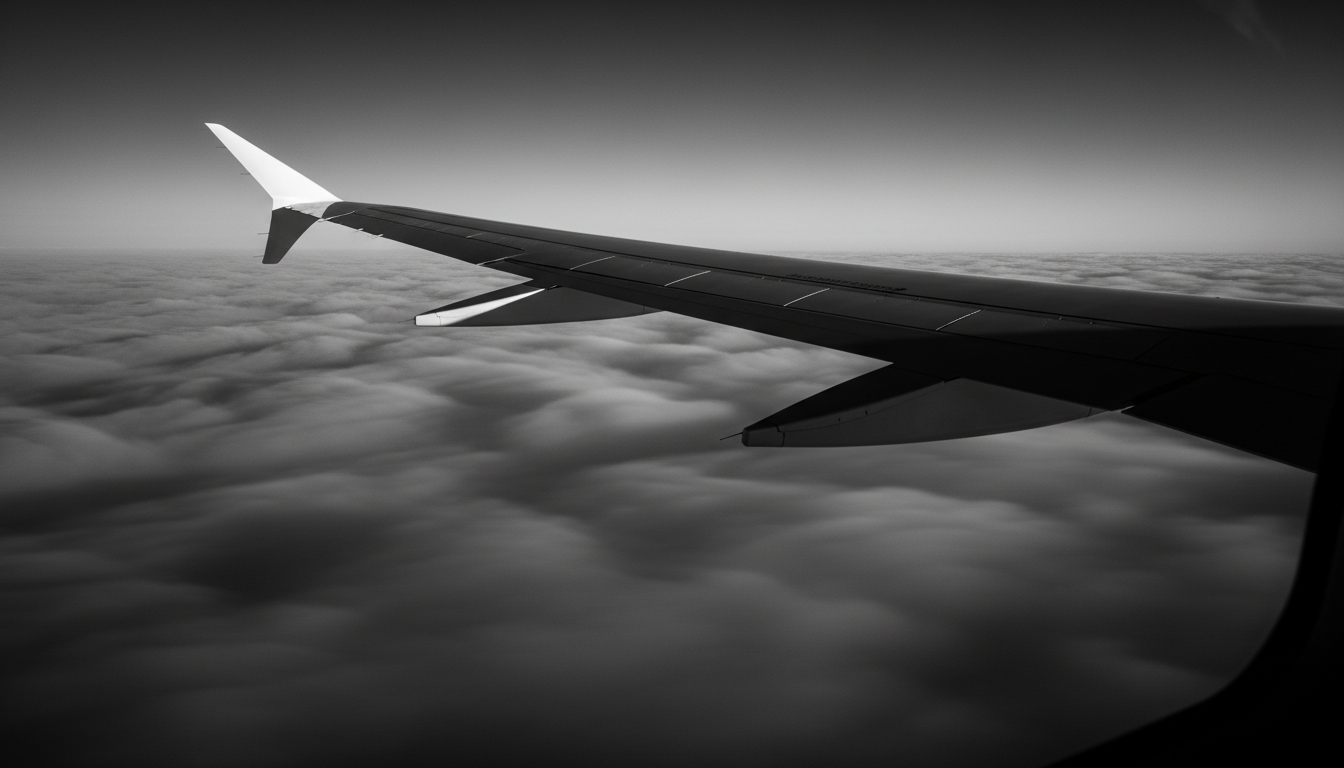 Private jet wing cutting through clouds at altitude