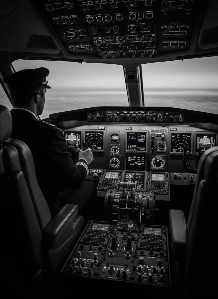 Pilot in the cockpit preparing for flight
