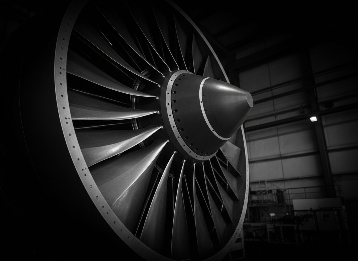 Close-up of precision-engineered jet turbine