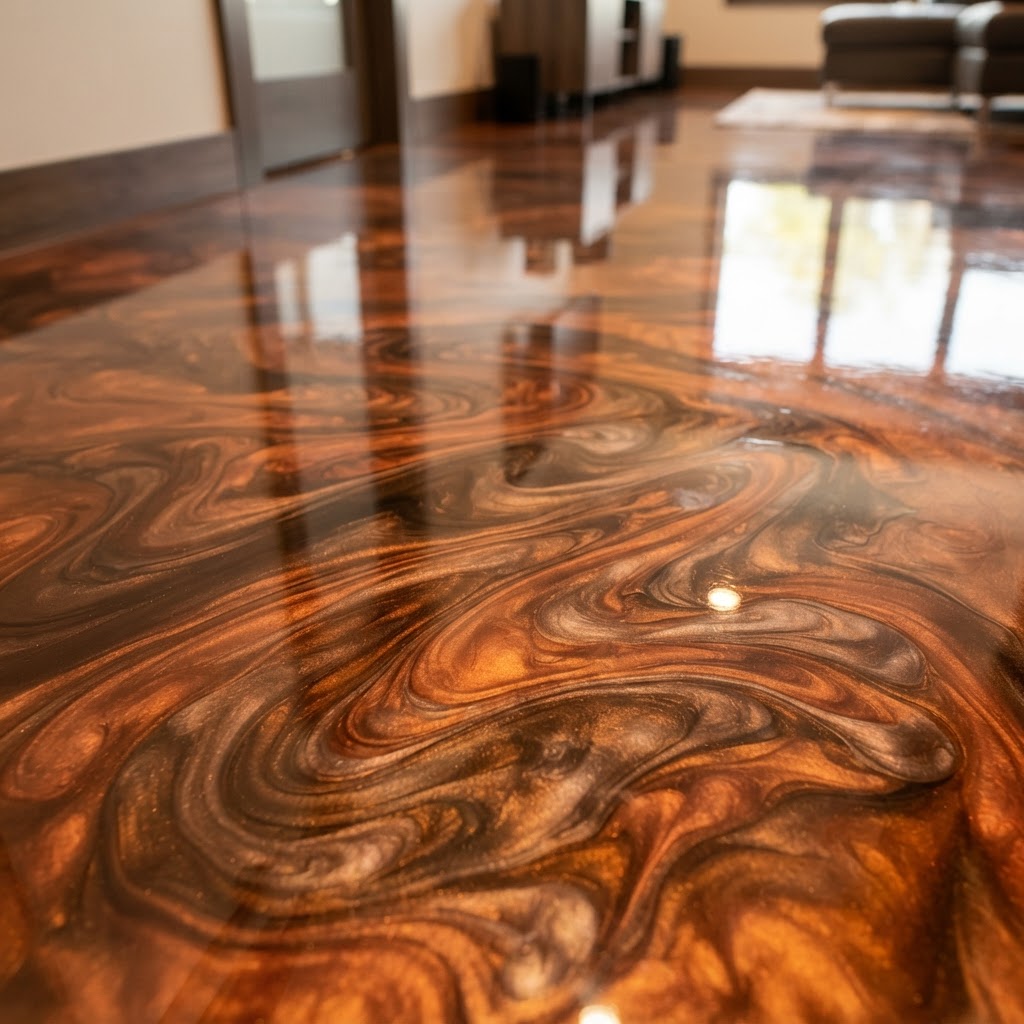 Metallic epoxy floor with liquid metal swirl pattern