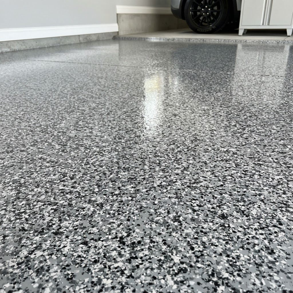 Flake epoxy garage floor with decorative color chips