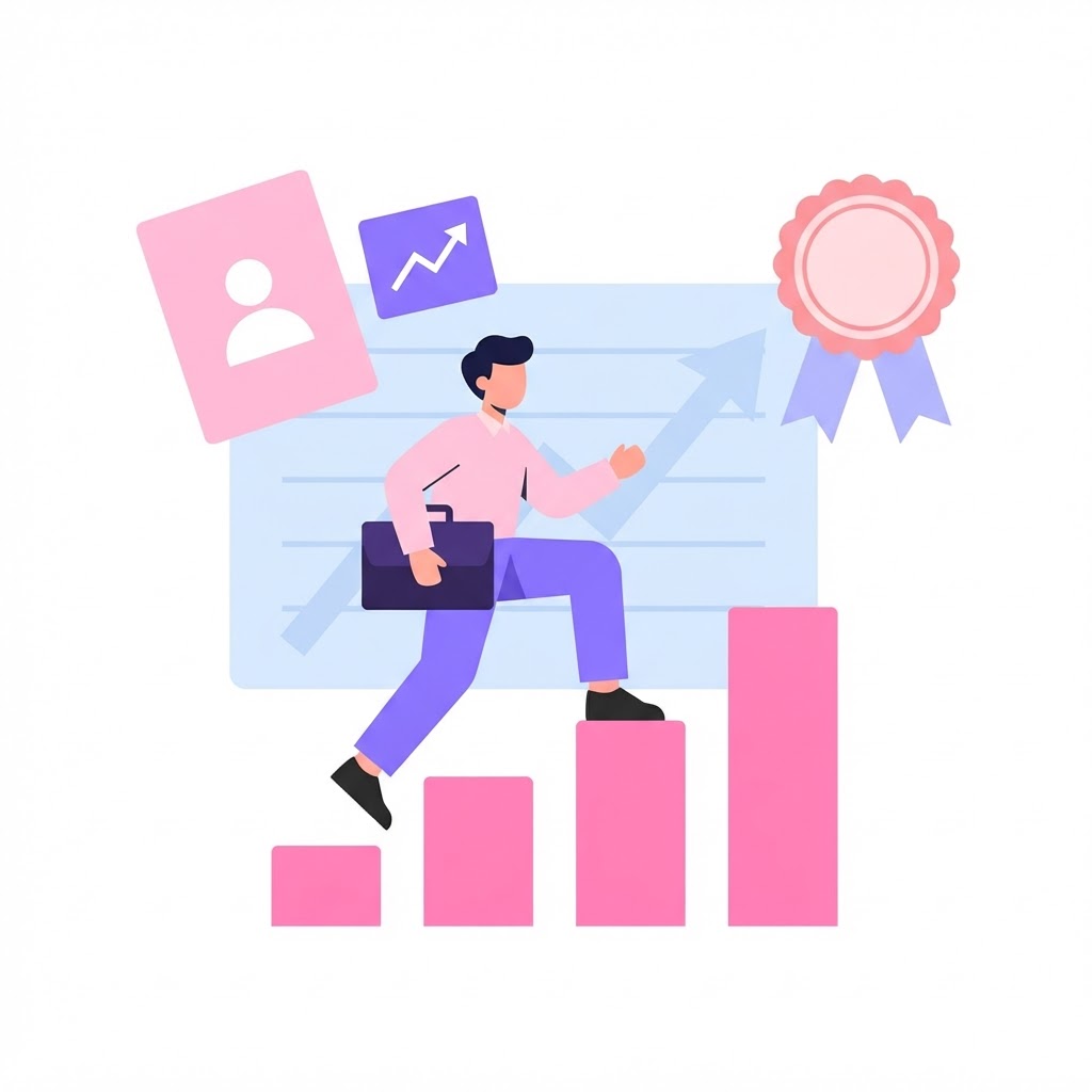 Marketing growth illustration — character climbing a rising bar chart