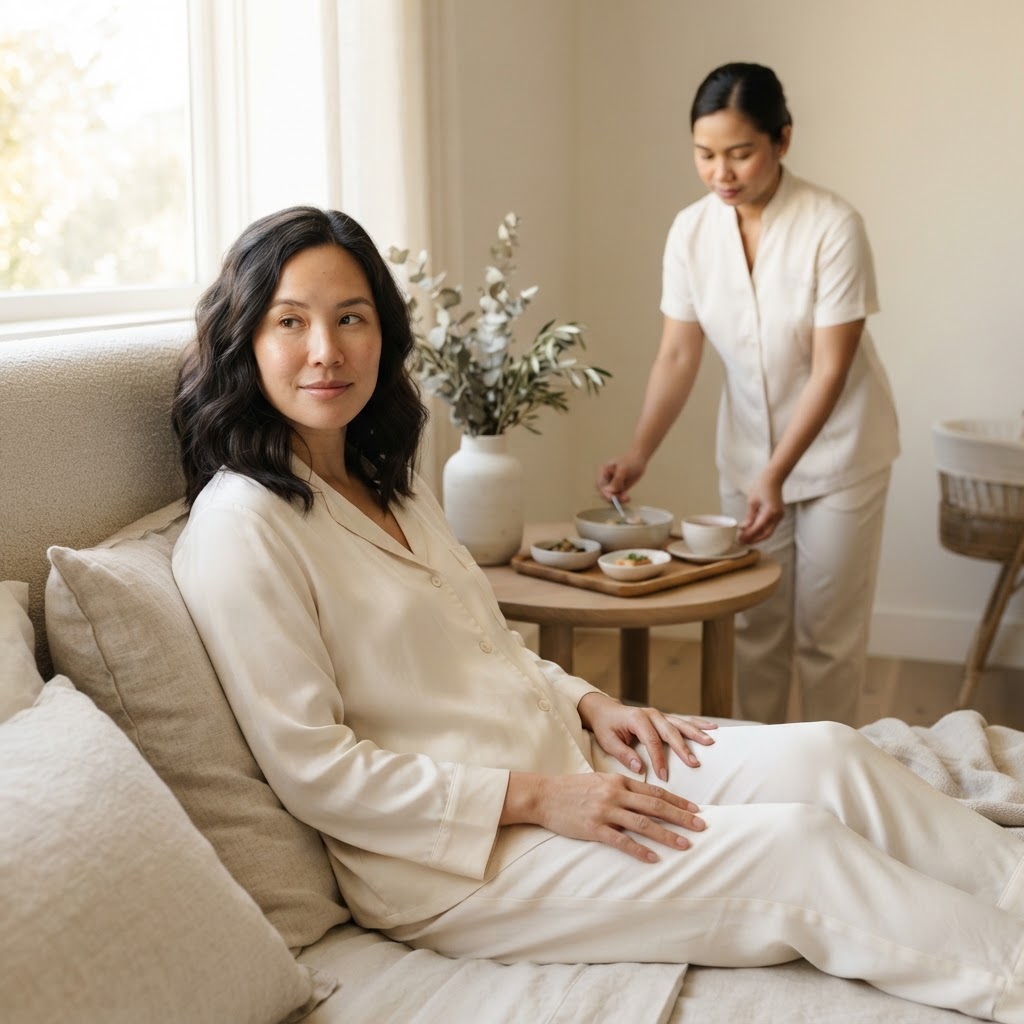 A postpartum mother holding her newborn baby in her lap, resting in warm natural light at home.