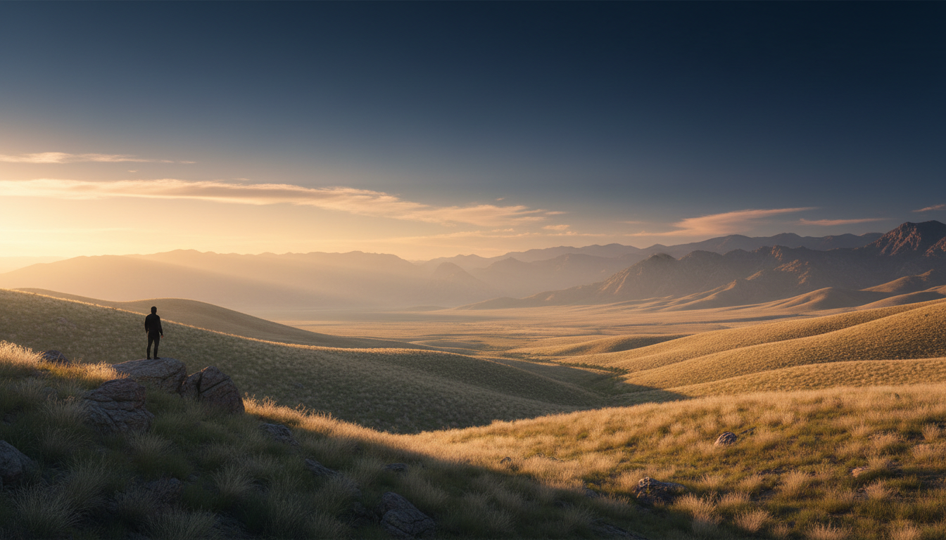 A vast valley at golden hour with light breaking through clouds