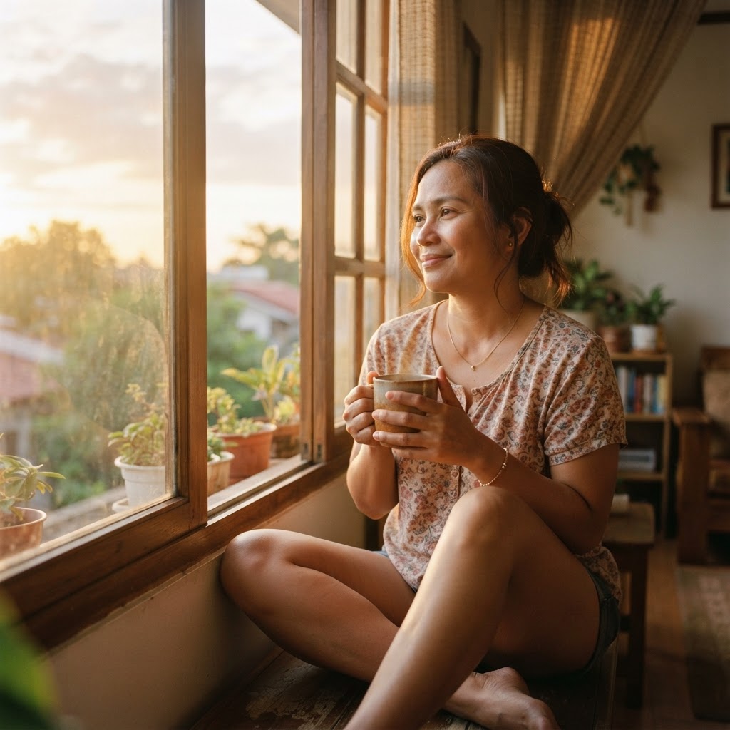 A woman sitting by a sunlit window at sunrise with a warm cup of coffee