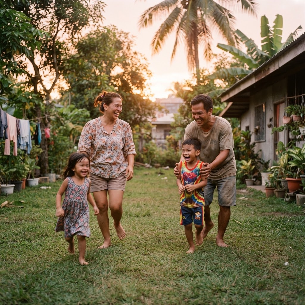 A Filipino family laughing together in their backyard at golden hour