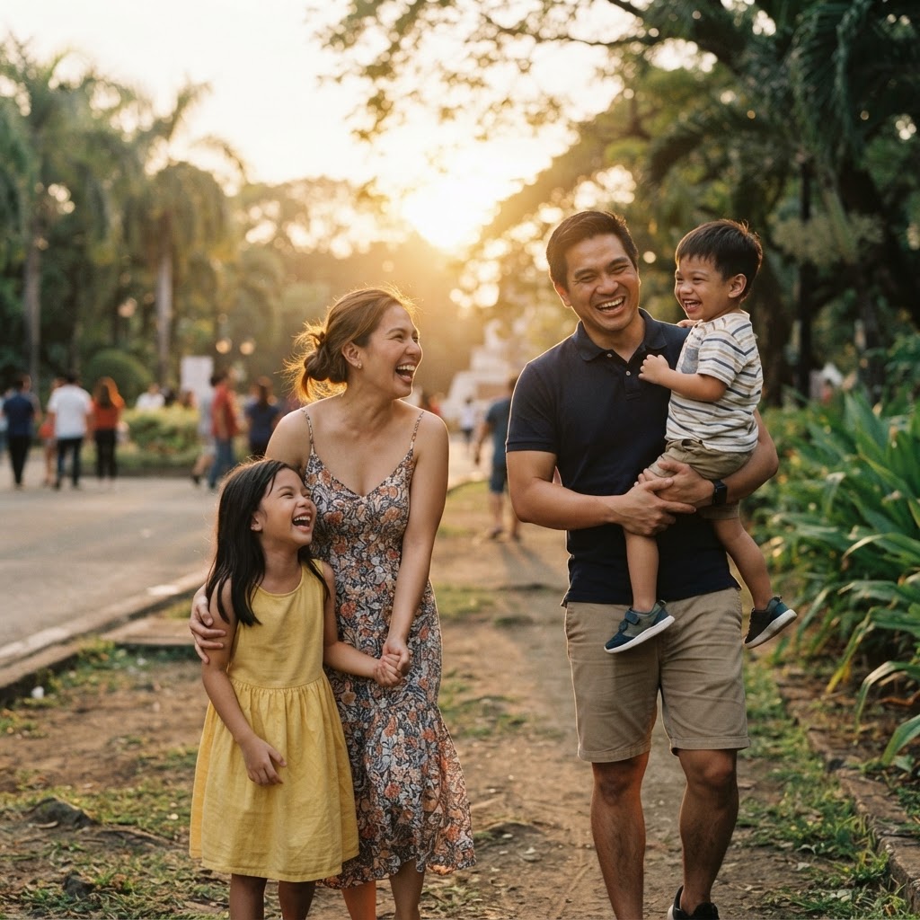 A Filipino couple and their children laughing together outdoors at golden hour