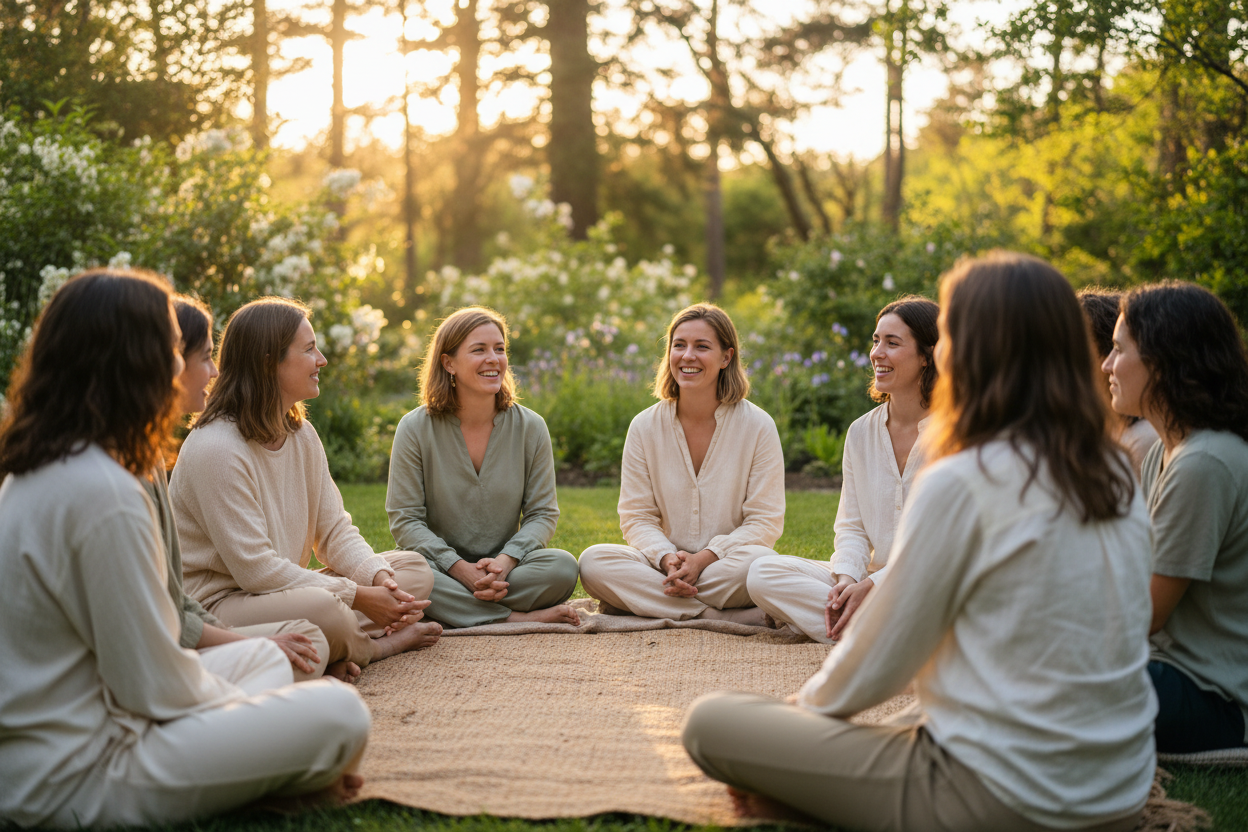 A diverse group of people gathering in a garden setting