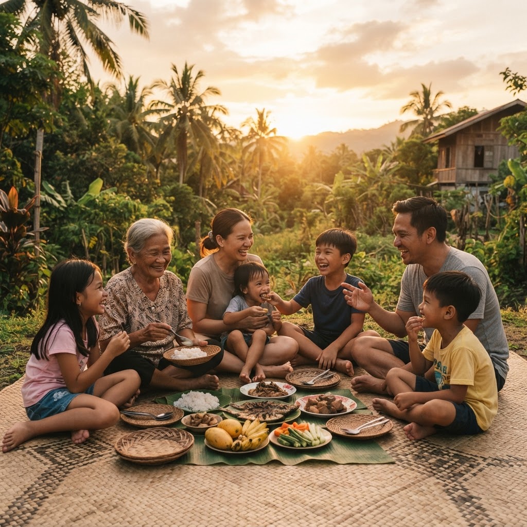 A diverse group of friends sitting together in warm golden-hour light, sharing a moment of conversation and connection