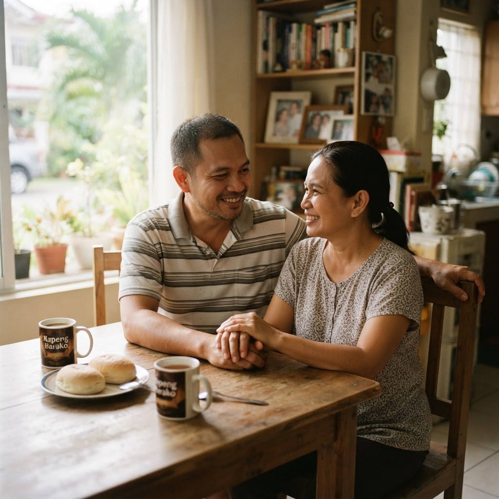 A married Filipino couple sitting together at home, hands gently clasped