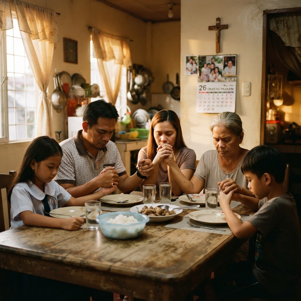 A Filipino family holding hands in prayer before a meal at home
