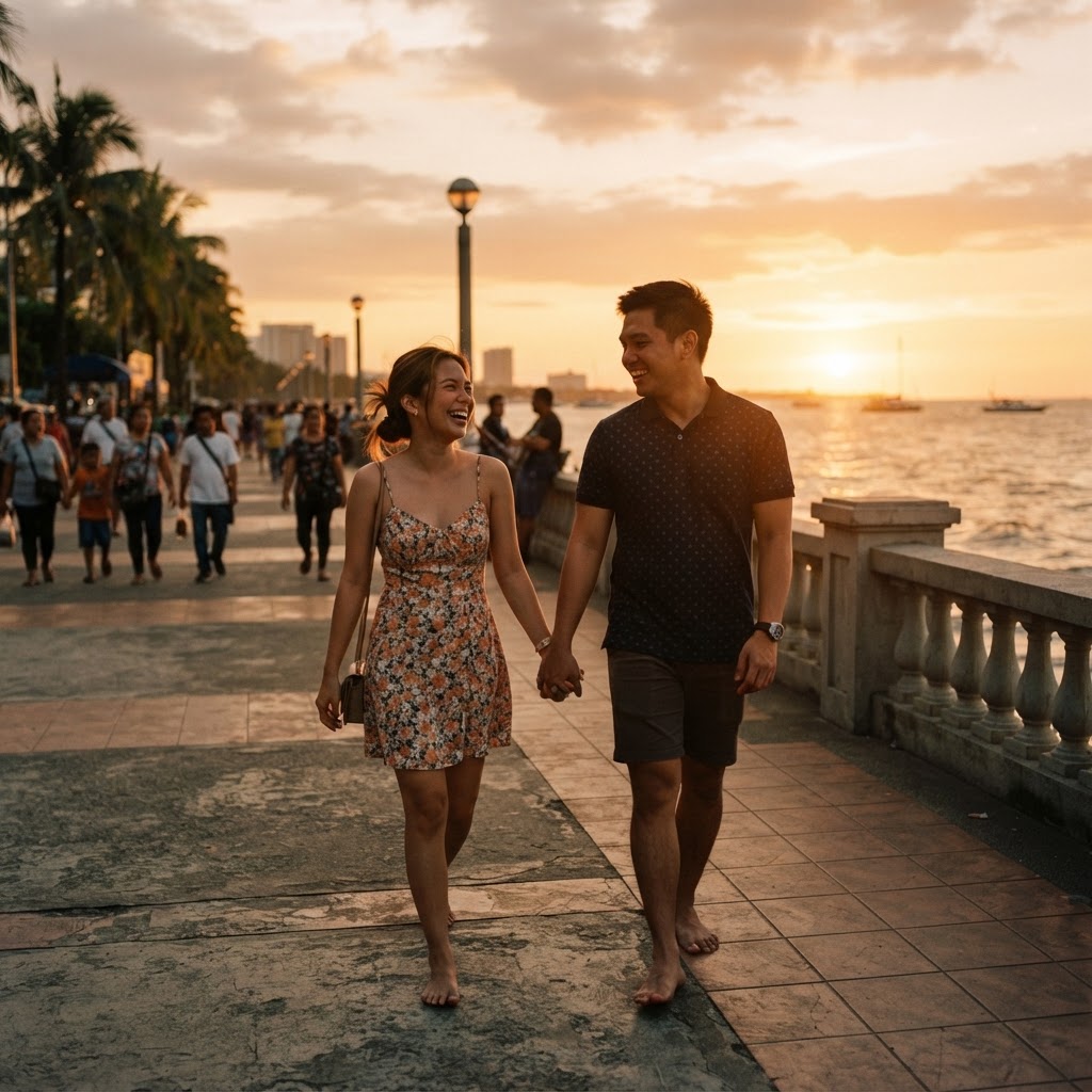 A young Filipino couple walking hand in hand along a seaside boulevard at sunset