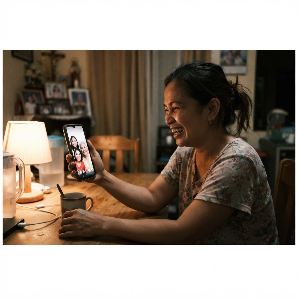 A Filipina smiling during a video call with loved ones at home