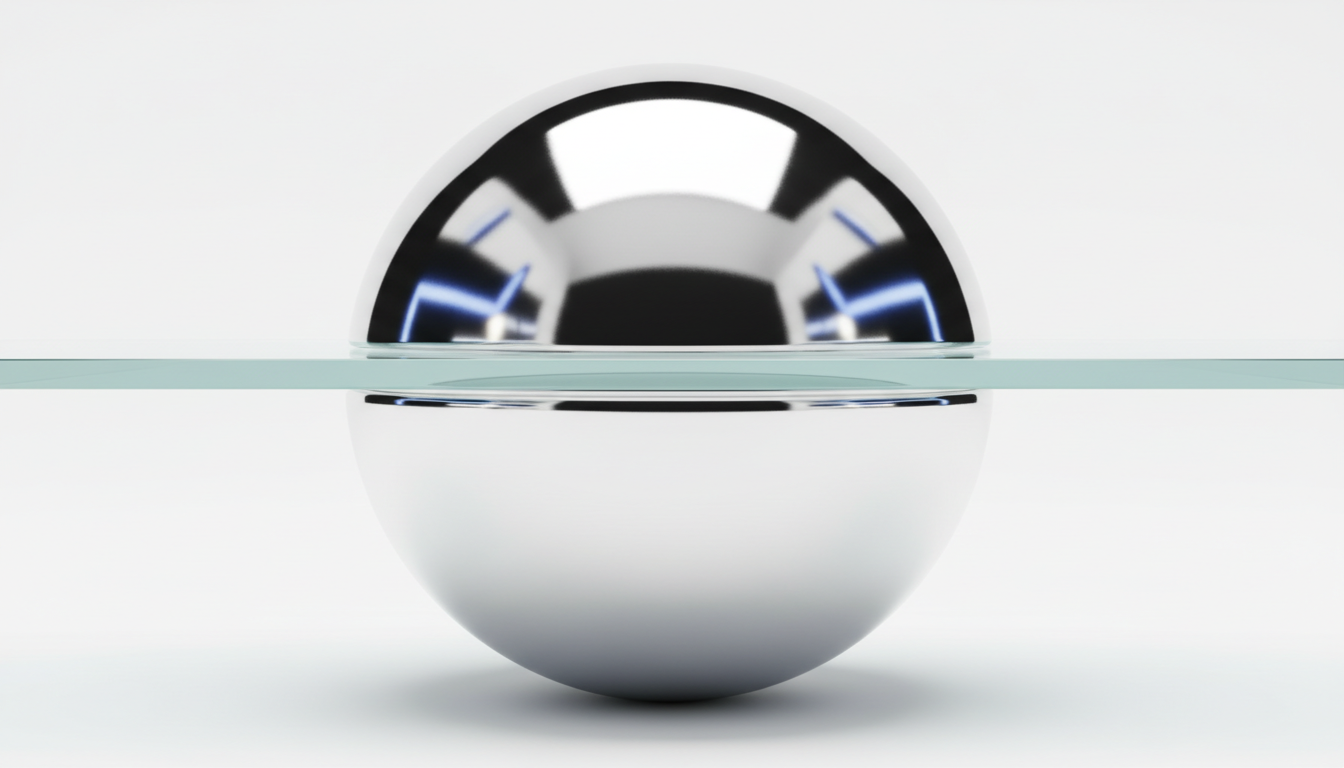 Abstract liquid chrome sphere sliced by glass — representing precision and impact
