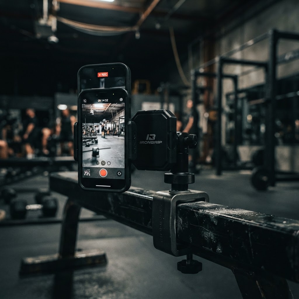 Multiple phones — iPhone, Android, and phone in bulky case — all mounted on the Thrillix mount