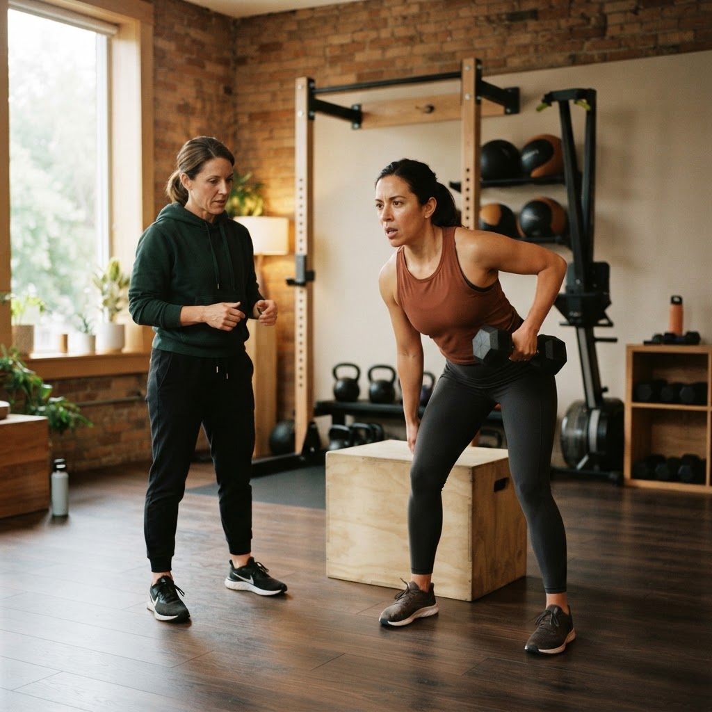 A client following a coach-guided workout