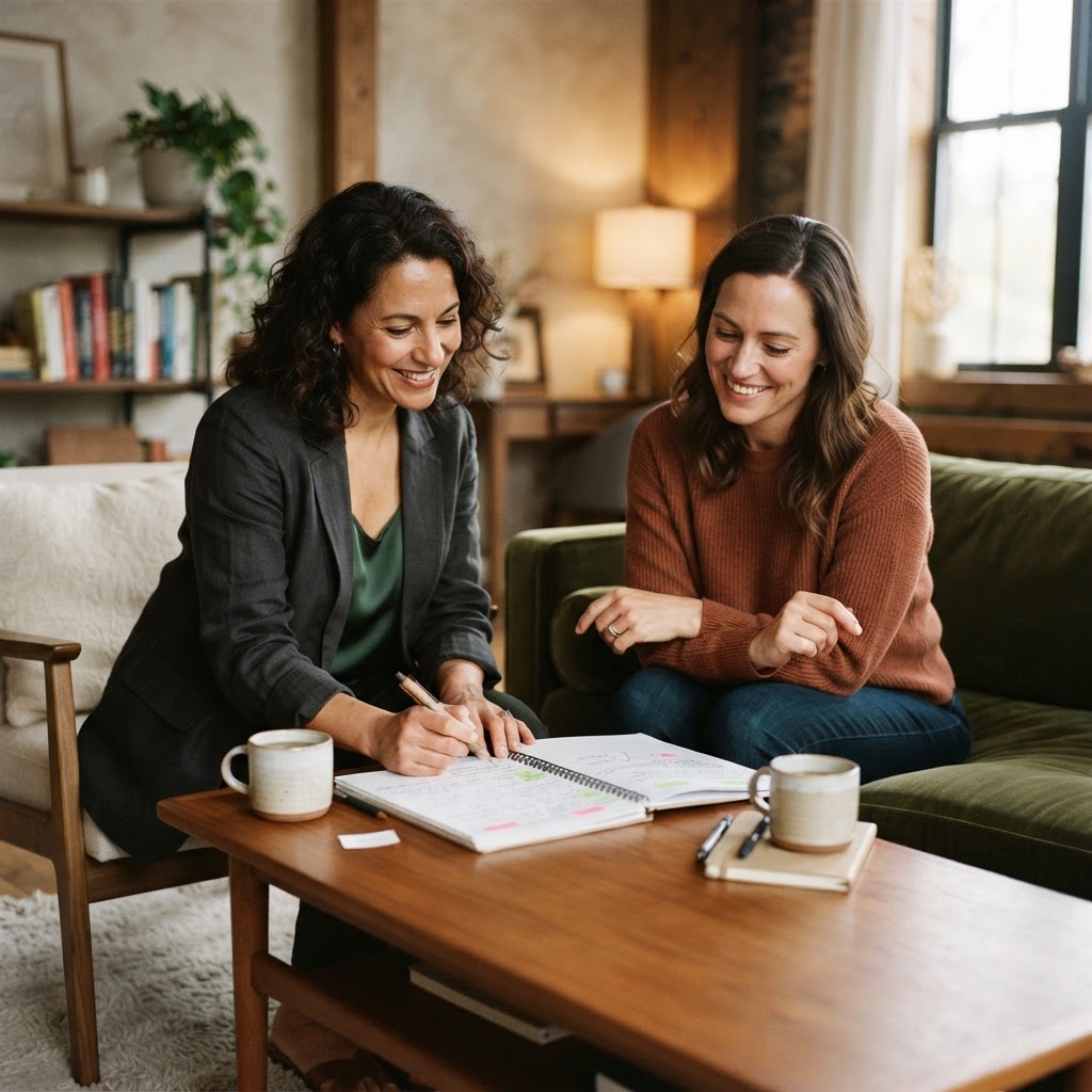 A client reviewing progress with an independent coach