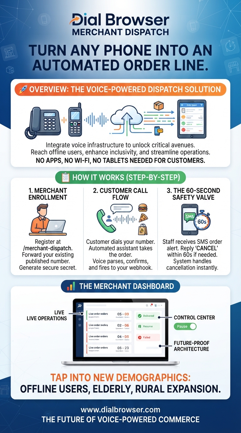 Dial Browser Merchant Dispatch — turn any phone into an automated order line. Overview, how it works, and the merchant dashboard.