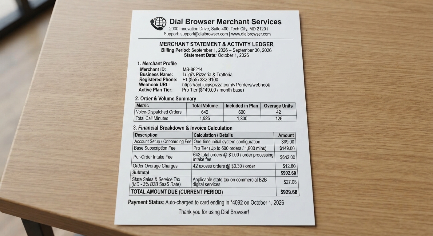 Sample Dial Browser Merchant Services statement and activity ledger for Luigi's Pizzeria & Trattoria — merchant profile, order volume summary, and financial breakdown.