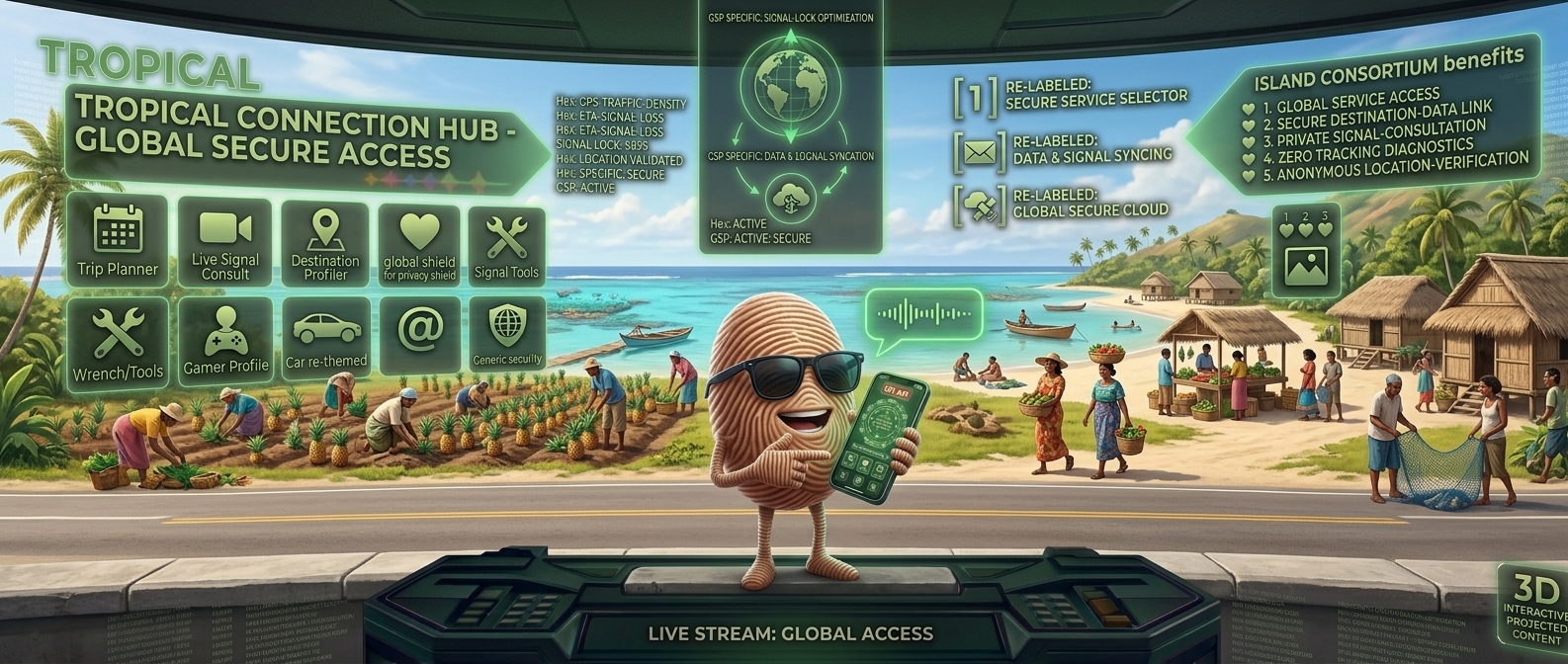 Dial Browser — Tropical Connection Hub with global secure access, live-stream signal lock, and interactive 3D projected content