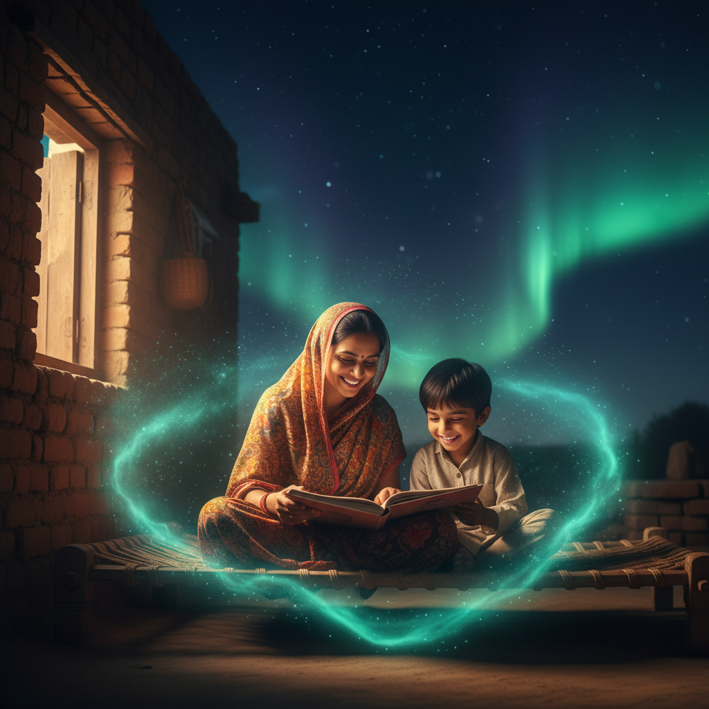 A woman and child reading together, learning in a rural village