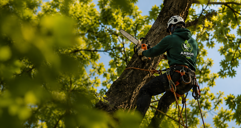 Arbortysta pracujący na drzewie