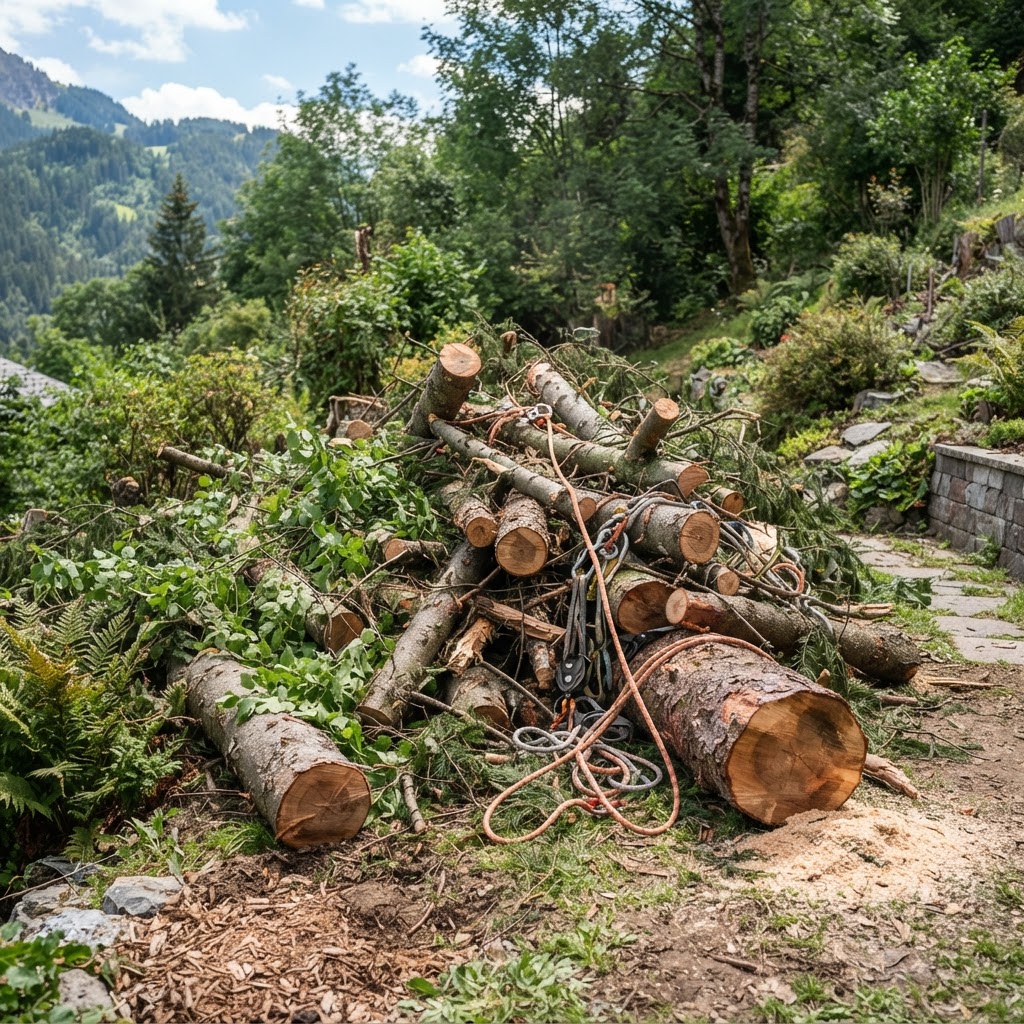Urobek po wycince alpinistycznej z sprzętem linowym