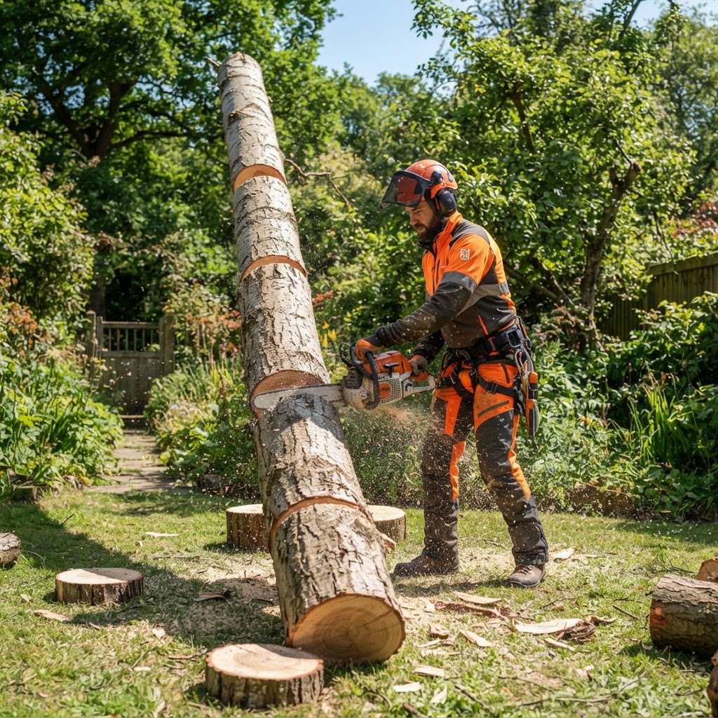 Arbortysta podczas wycinki topoli piłą łańcuchową